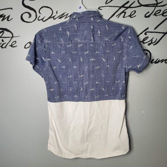 Tranquility and Mayhem Button Up Short Sleeve Casual Camp Shark Print Shirt - Picture 5 of 5